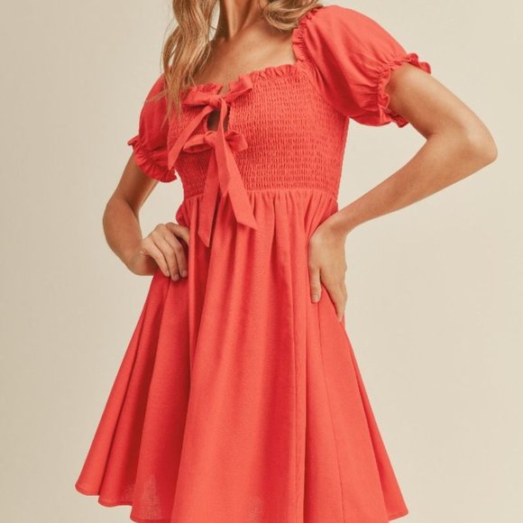 New Boho Puff Sleeve Front Tie Mini Dress Red - Picture 5 of 6